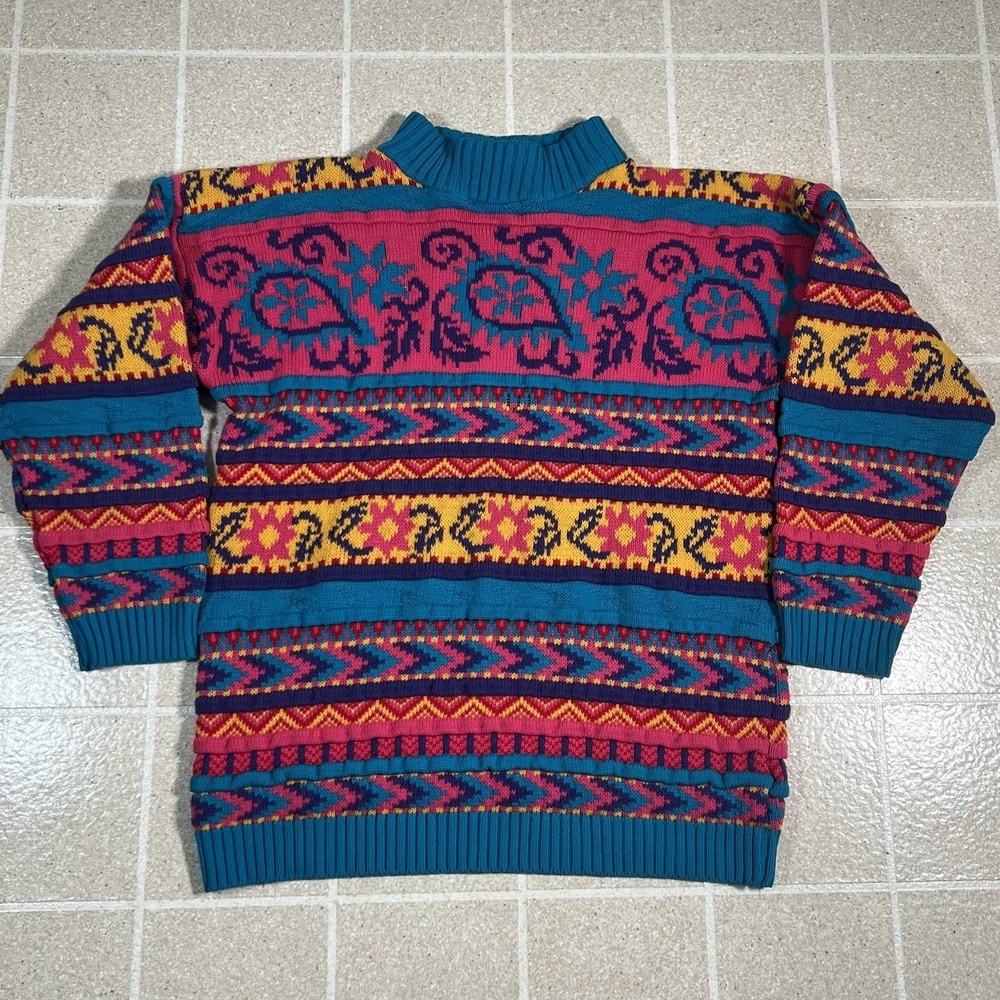Vintage Arielle Geometric Knit Sweater Colorful Cozy Retro 80s Coogi Style XL